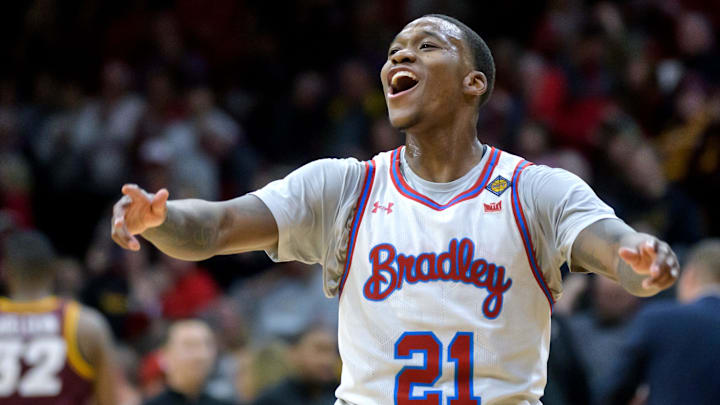 Bradley's Duke Deen is overjoyed as time runs out on the Braves 74-62 win over Loyola Chicago in the NIT Tournament. 