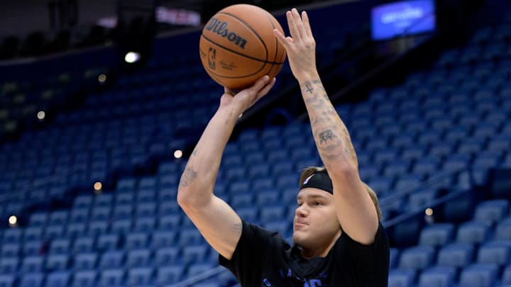 Orlando Magic guard Mac McClung warms up before a preseason game against the New Orleans Pelicans at Smoothie King Center.