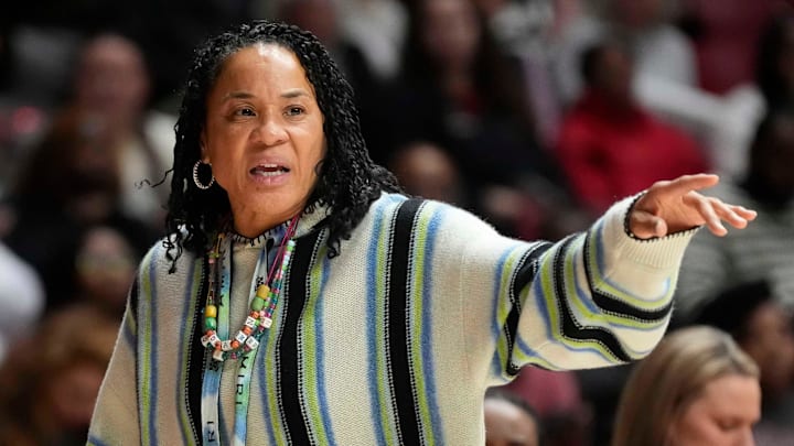 South Carolina head coach Dawn Staley gives directions as her team plays Alabama Thursday, Jan. 16, 2025, at Coleman Coliseum in Tuscaloosa, Alabama.