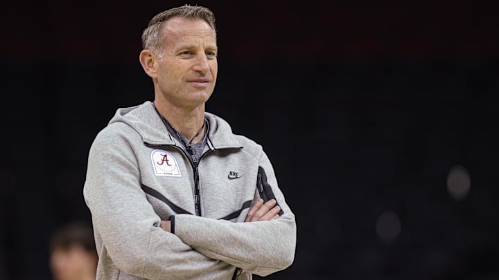 Mar 26, 2025; Newark, NJ, USA; Alabama Crimson Tide head coach Nate Oats during a practice session in preparation for an East Regional semifinal game against the Brigham Young Cougars at Prudential Center. Mandatory Credit: Vincent Carchietta-Imagn Images