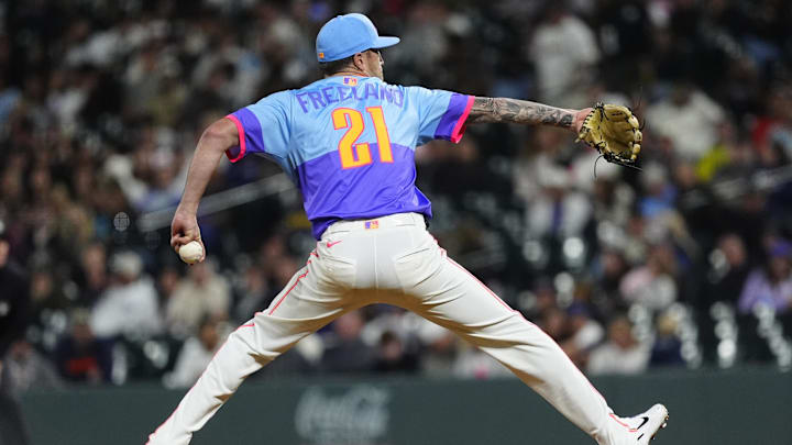 Sep 5, 2025; Denver, Colorado, USA; Colorado Rockies starting pitcher Kyle Freeland (21) delivers a pitch in the eighth inning against the San Diego Padres at Coors Field. Mandatory Credit: Ron Chenoy-Imagn Images