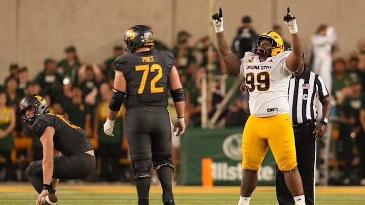 Sep 20, 2025; Waco, Texas, USA; Arizona State Sun Devils defensive lineman C.J. Fite (99) reacts after a sack against Baylor Bears quarterback Sawyer Robertson (13) during the second half at McLane Stadium. Mandatory Credit: Chris Jones-Imagn Images
