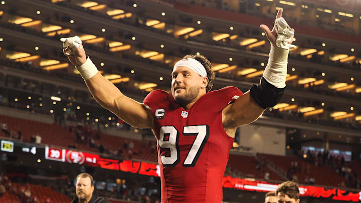 Oct 27, 2024; Santa Clara, California, USA; San Francisco 49ers defensive lineman Nick Bosa (97) celebrates as he leaves the field after the game against the Dallas Cowboys at Levi's Stadium. Mandatory Credit: Kelley L Cox-Imagn Images