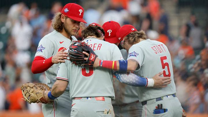 Jul 11, 2026; Detroit, Michigan, USA; Philadelphia Phillies players huddle after their win over the the Detroit Tigers at Comerica Park. Mandatory Credit: Brian Bradshaw Sevald-Imagn Images Jul 11, 2026; Detroit, Michigan, USA; Philadelphia Phillies players huddle after their win over the the Detroit Tigers at Comerica Park. Mandatory Credit: Brian Bradshaw Sevald-Imagn Images
