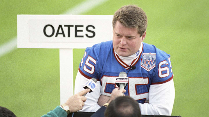 Jan 22, 1991; Tampa, FL, USA; FILE PHOTO; New York Giants center Bart Oates (65) addresses the press during media day for Super Bowl XXV at Tampa Stadium.  
