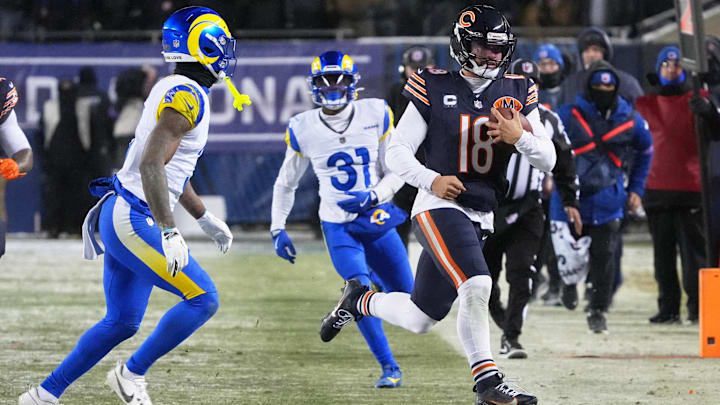 Caleb Williams scrambles for big yards against the Rams. His experience is one reason Ben Johnson is wrong about starting over.