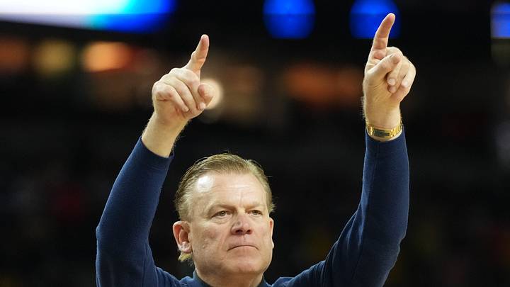Apr 4, 2026; Indianapolis, IN, USA; Illinois Fighting Illini head coach Brad Underwood reacts against the Connecticut Huskies in the second half during a semifinal of the Final Four of the men's 2026 NCAA Tournament at Lucas Oil Stadium. Mandatory Credit: Robert Deutsch-Imagn Images Apr 4, 2026; Indianapolis, IN, USA; Illinois Fighting Illini head coach Brad Underwood reacts against the Connecticut Huskies in the second half during a semifinal of the Final Four of the men's 2026 NCAA Tournament at Lucas Oil Stadium. Mandatory Credit: Robert Deutsch-Imagn Images