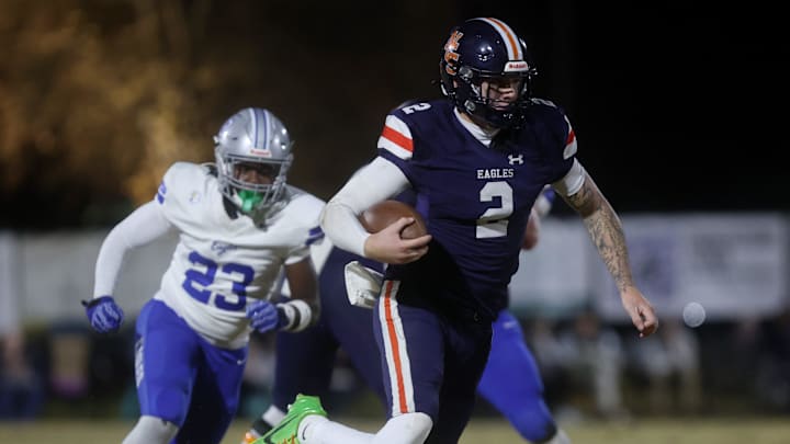 Nashville Christian's Jared Curtis (2) runs the ball during their game against Jackson Christian at Nashville Christian School Friday, Nov. 14, 2021.
