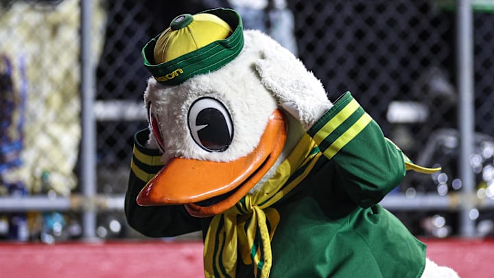 Oct 18, 2025; Piscataway, New Jersey, USA;  The Oregon Ducks mascot reacts during the first half against the Rutgers Scarlet Knights at SHI Stadium. Mandatory Credit: Vincent Carchietta-Imagn Images