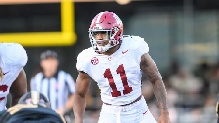 Oct 5, 2024; Nashville, Tennessee, USA; Alabama Crimson Tide linebacker Jihaad Campbell (11) sneaks a peek into the back field against the Vanderbilt Commodores during the second half  at FirstBank Stadium. Mandatory Credit: Steve Roberts-Imagn Images