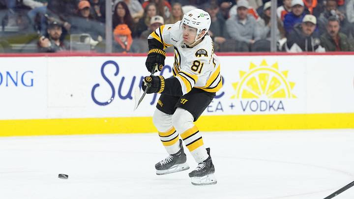 Feb 28, 2026; Philadelphia, Pennsylvania, USA; Boston Bruins center Michael Eyssimont (81) shoots the puck against the Philadelphia Flyers in the first period at Xfinity Mobile Arena. Mandatory Credit: Kyle Ross-Imagn Images