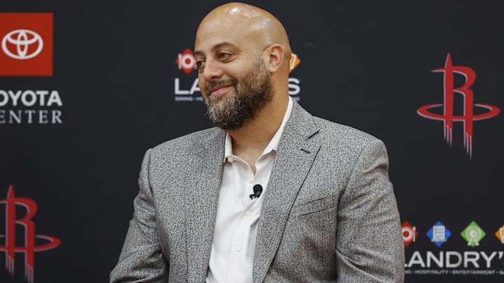 Houston Rockets general manager Rafael Stone reacts during a press conference at Toyota Center.
