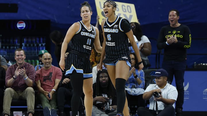 Aug 19, 2025; Chicago, Illinois, USA; Chicago Sky forward Angel Reese (5) reacts after scoring against the Seattle Storm during the second half at Wintrust Arena. Mandatory Credit: Kamil Krzaczynski-Imagn Images Aug 19, 2025; Chicago, Illinois, USA; Chicago Sky forward Angel Reese (5) reacts after scoring against the Seattle Storm during the second half at Wintrust Arena. Mandatory Credit: Kamil Krzaczynski-Imagn Images