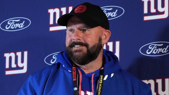Nov 8, 2024; Munich, Germany; New York Giants coach Brian Daboll during press conference at the FC Bayern training grounds at Sabener Strasse.  