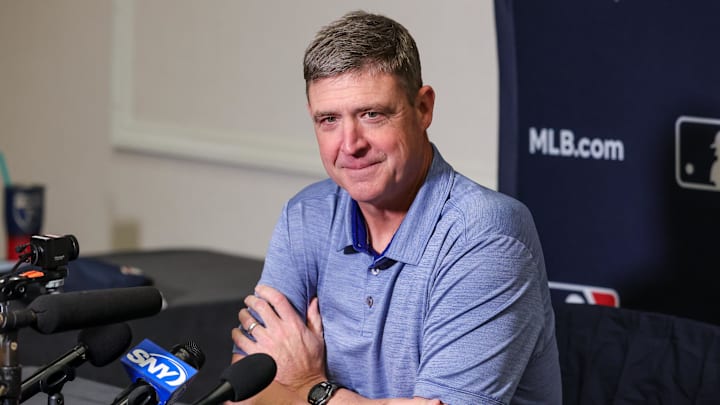 Dec 8, 2025; Orlando, FL, USA; Seattle Mariners manager Dan Wilson speaks with the media during the 2025 MLB Winter Meetings at Signia by Hilton Hotel. Mandatory Credit: Mike Watters-Imagn Images