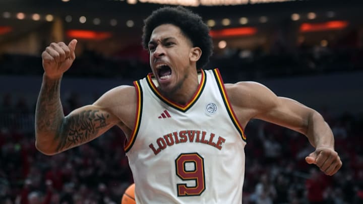 Louisville Cardinals forward Khani Rooths (9) celebrates slamming the ball home for two against SMU Saturday at the KFC Yum! Center.
Jan. 31, 2026