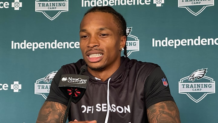 Eagles QB Dorian Thompson-Robinson talks with reporters after practice on Aug. 1, 2025. Eagles QB Dorian Thompson-Robinson talks with reporters after practice on Aug. 1, 2025.