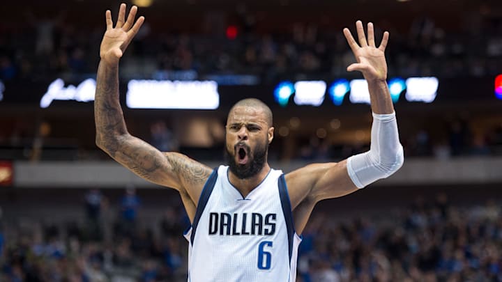 Feb 22, 2015; Dallas, TX, USA; Dallas Mavericks center Tyson Chandler (6) reacts to a dunk by forward Richard Jefferson (not pictured) during the second half of the game against the Charlotte Hornets at the American Airlines Center. The Mavericks defeated the Hornets 92-81. Mandatory Credit: Jerome Miron-Imagn Images Feb 22, 2015; Dallas, TX, USA; Dallas Mavericks center Tyson Chandler (6) reacts to a dunk by forward Richard Jefferson (not pictured) during the second half of the game against the Charlotte Hornets at the American Airlines Center. The Mavericks defeated the Hornets 92-81. Mandatory Credit: Jerome Miron-Imagn Images