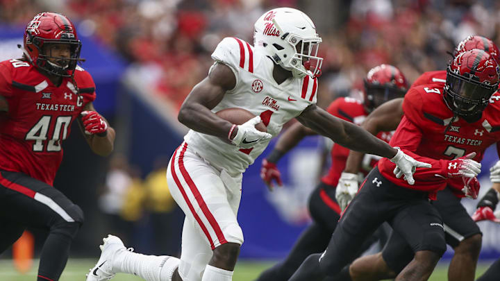 Sep 1, 2018; Houston, TX, USA; Mississippi Rebels wide receiver A.J. Brown (1) runs with the ball during the third quarter against the Texas Tech Red Raiders at NRG Stadium. Mandatory Credit: Troy Taormina-Imagn Images