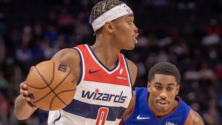 Nov 27, 2023; Detroit, Michigan, USA; Washington Wizards guard Bilal Coulibaly (0) controls the ball