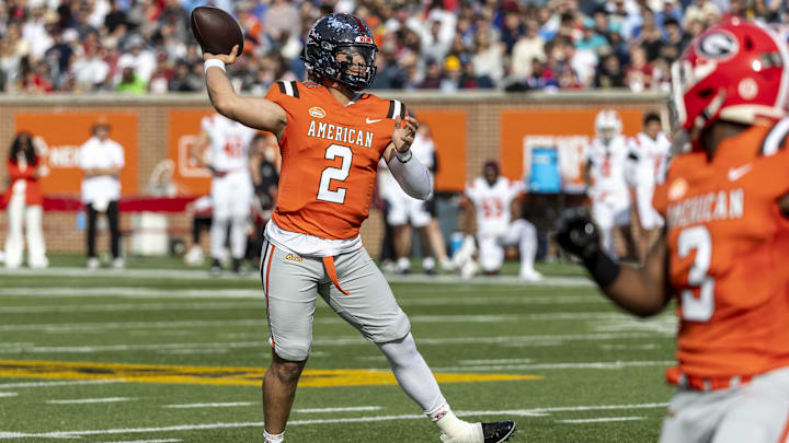 Feb 1, 2025; Mobile, AL, USA; American team quarterback Jaxson Dart of Ole Miss (2) during the first half of the 2025 Senior Bowl football game against the National team at Hancock Whitney Stadium. Mandatory Credit: Vasha Hunt-Imagn Images Feb 1, 2025; Mobile, AL, USA; American team quarterback Jaxson Dart of Ole Miss (2) during the first half of the 2025 Senior Bowl football game against the National team at Hancock Whitney Stadium. Mandatory Credit: Vasha Hunt-Imagn Images
