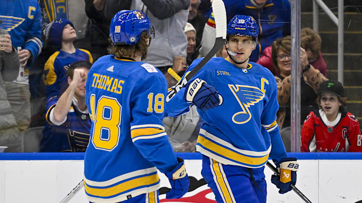 Jan 20, 2024; St. Louis, Missouri, USA;  St. Louis Blues center Brayden Schenn (10) is congratulated by center Robert Thomas (18) after scoring against the Washington Capitals during the second period at Enterprise Center. Mandatory Credit: Jeff Curry-Imagn Images
