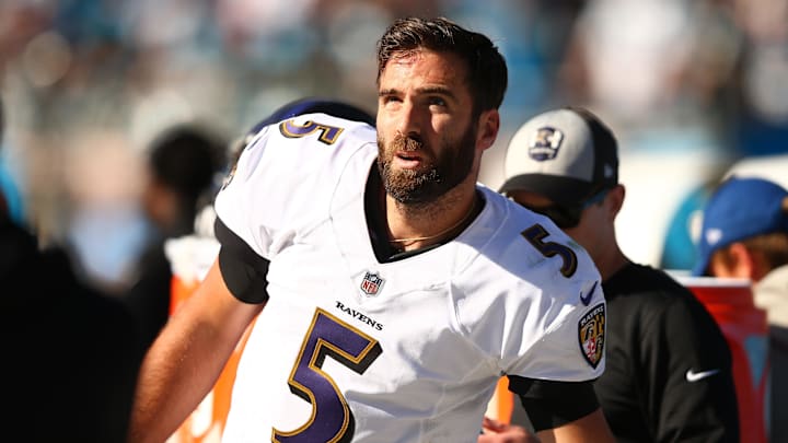 Oct 28, 2018; Charlotte, NC, USA; Baltimore Ravens quarterback Joe Flacco (5) stands on the sidelines in the third quarter against the Carolina Panthers at Bank of America Stadium. Mandatory Credit: Jeremy Brevard-Imagn Images Oct 28, 2018; Charlotte, NC, USA; Baltimore Ravens quarterback Joe Flacco (5) stands on the sidelines in the third quarter against the Carolina Panthers at Bank of America Stadium. Mandatory Credit: Jeremy Brevard-Imagn Images