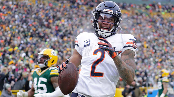 Chicago Bears wide receiver DJ Moore (2) scores a touchdown on a reception against the Green Bay Packers in the fourth quarter during their football game Sunday, January 5, 2025, at Lambeau Field in Green Bay, Wisconsin.