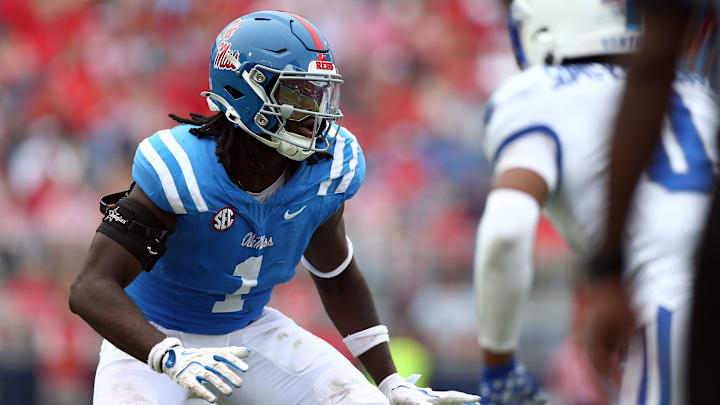 Sep 28, 2024; Oxford, Mississippi, USA; Mississippi Rebels defensive linemen Princely Umanmielen (1) lines up before the snap during the second half  against the Kentucky Wildcats at Vaught-Hemingway Stadium. Mandatory Credit: Petre Thomas-Imagn Images