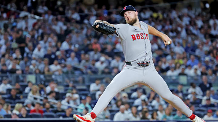 Sep 30, 2025; Bronx, New York, USA; Boston Red Sox pitcher Garrett Crochet (35) throws a pitch during the fourth inning against the New York Yankees during game one of the Wildcard round for the 2025 MLB playoffs at Yankee Stadium. Mandatory Credit: Brad Penner-Imagn Images