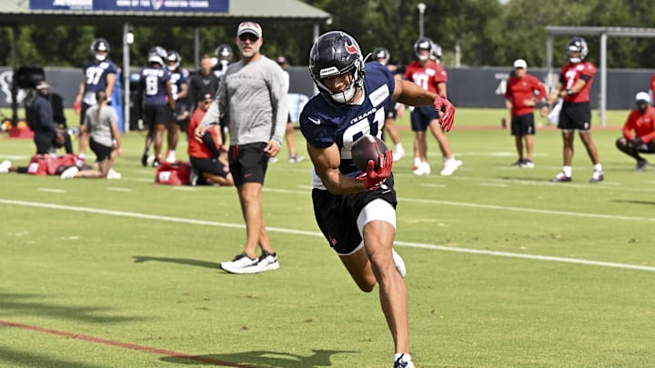 Jun 10, 2025; Houston, TX, USA; Houston Texans wide receiver Jayden Higgins (81) participates in a drill during an NFL football minicamp at NRG Stadium. Mandatory Credit: Maria Lysaker-Imagn Images 
