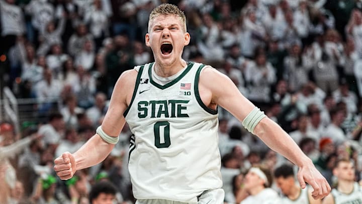 Michigan State forward Jaxon Kohler (0) celebrates a play against Michigan during the first half at Breslin Center in East Lansing on Sunday, March 9, 2025. Michigan State forward Jaxon Kohler (0) celebrates a play against Michigan during the first half at Breslin Center in East Lansing on Sunday, March 9, 2025.