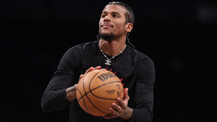 Feb 4, 2025; Brooklyn, New York, USA; Houston Rockets guard Jalen Green (4) warms up before the game against the New York Knicks at Barclays Center. Mandatory Credit: Vincent Carchietta-Imagn Images