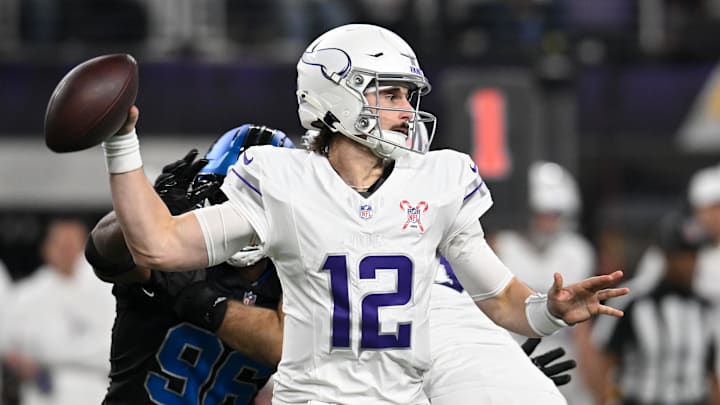 Dec 25, 2025; Minneapolis, Minnesota, USA; Minnesota Vikings quarterback Max Brosmer (12) passes the ball against the Detroit Lions in the second quarter at U.S. Bank Stadium. Mandatory Credit: Jeffrey Becker-Imagn Images