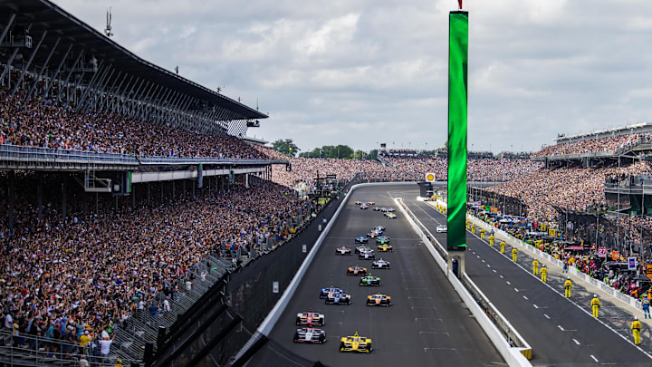 Indycar Series driver Scott McLaughlin leads the field to the green flag to start the 108th running of the Indianapolis 500 at Indianapolis Motor Speedway.
