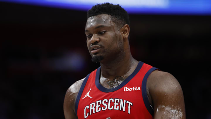 Mar 24, 2024; Detroit, Michigan, USA;  New Orleans Pelicans forward Zion Williamson (1) looks on in the first half against the Detroit Pistons at Little Caesars Arena. Mandatory Credit: Rick Osentoski-Imagn Images
