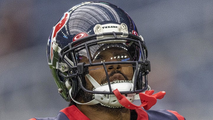 Oct 30, 2022; Houston, Texas, USA;  Houston Texans cornerback Steven Nelson (21) warms up before before playing against the Tennessee Titans at NRG Stadium. Mandatory Credit: Thomas Shea-Imagn Images