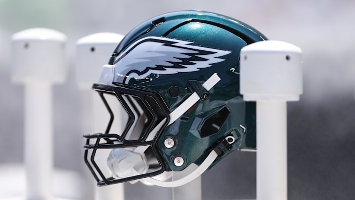 Aug 16, 2025; Philadelphia, Pennsylvania, USA; Philadelphia Eagles helmet on the bench during a game against the Cleveland Browns at Lincoln Financial Field. Mandatory Credit: Bill Streicher-Imagn Images
