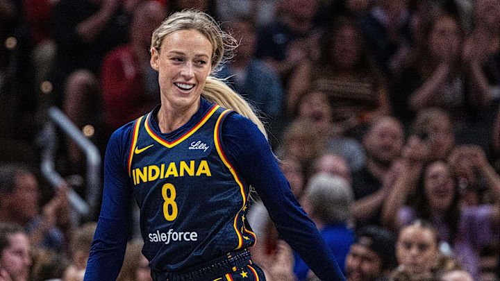 Jun 17, 2025; Indianapolis, Indiana, USA; Indiana Fever guard Sophie Cunningham (8) in the second half against the Connecticut Sun at Gainbridge Fieldhouse. Mandatory Credit: Trevor Ruszkowski-Imagn Images