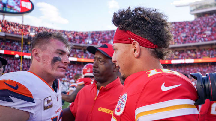 Nov 10, 2024; Kansas City, Missouri, USA; Kansas City Chiefs quarterback Patrick Mahomes (15) greets Denver Broncos quarterback Bo Nix (10) after the game at GEHA Field at Arrowhead Stadium. Mandatory Credit: Denny Medley-Imagn Images Nov 10, 2024; Kansas City, Missouri, USA; Kansas City Chiefs quarterback Patrick Mahomes (15) greets Denver Broncos quarterback Bo Nix (10) after the game at GEHA Field at Arrowhead Stadium. Mandatory Credit: Denny Medley-Imagn Images