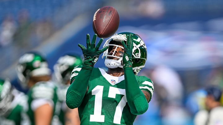 Sep 15, 2024; Nashville, Tennessee, USA;  New York Jets wide receiver Malachi Corley (17) during pregame warmups against the Tennessee Titans at Nissan Stadium. 