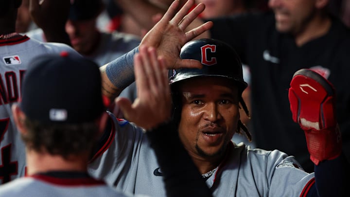 Sep 20, 2025; Minneapolis, Minnesota, USA; Cleveland Guardians third baseman Jose Ramirez (11) celebrates after scoring against the Minnesota Twins during the fifth inning of game two of a double header at Target Field. Mandatory Credit: Matt Krohn-Imagn Images