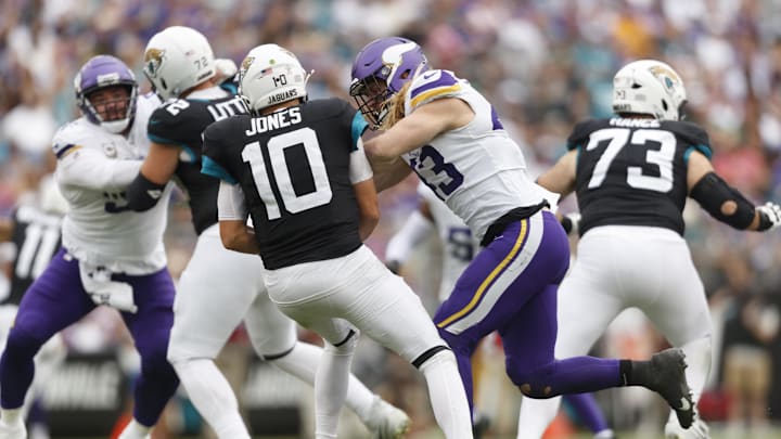 Nov 10, 2024; Jacksonville, Florida, USA; Minnesota Vikings offensive linebacker Andrew Van Ginkel (43) sacks Jacksonville Jaguars quarterback Mac Jones (10) during the third quarter at EverBank Stadium. 