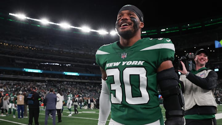 Oct 15, 2023; East Rutherford, New Jersey, USA; New York Jets cornerback Michael Carter II (30) celebrates after the game against the Philadelphia Eagles at MetLife Stadium. Oct 15, 2023; East Rutherford, New Jersey, USA; New York Jets cornerback Michael Carter II (30) celebrates after the game against the Philadelphia Eagles at MetLife Stadium.