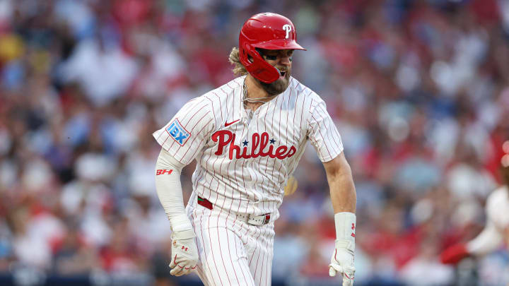 Aug 14, 2024; Philadelphia, Pennsylvania, USA; Philadelphia Phillies first base Bryce Harper (3) runs the bases after a single against the Miami Marlins at Citizens Bank Park. Mandatory Credit: Bill Streicher-USA TODAY Sports