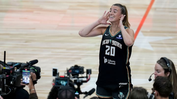 New York Liberty's Sabrina Ionescu (20) celebrates Friday, July 18, 2025, after winning the WNBA All-Star 3-point contest at Gainbridge Fieldhouse in Indianapolis.