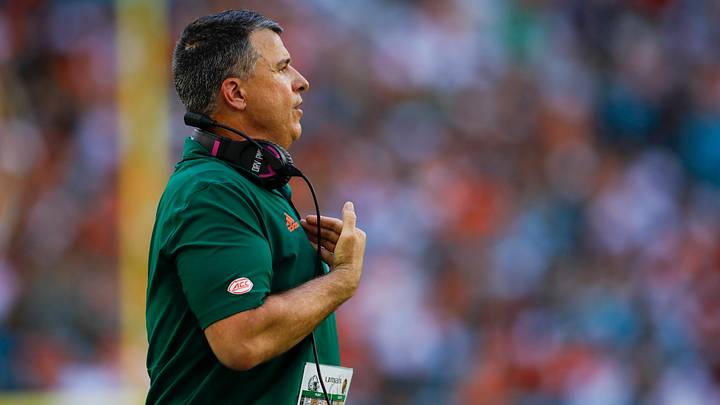 Sep 3, 2022; Miami Gardens, Florida, USA; Miami Hurricanes head coach Mario Cristobal coaches from the sideline during the second quarter against the Bethune Cookman Wildcats at Hard Rock Stadium. Mandatory Credit: Sam Navarro-USA TODAY Sports