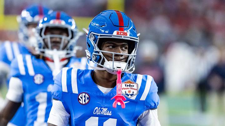 Jan 8, 2026; Glendale, AZ, USA; Mississippi Rebels wide receiver Deuce Alexander (11) against the Miami Hurricanes during the 2026 Fiesta Bowl and semifinal game of the College Football Playoff at State Farm Stadium. Mandatory Credit: Mark J. Rebilas-Imagn Images