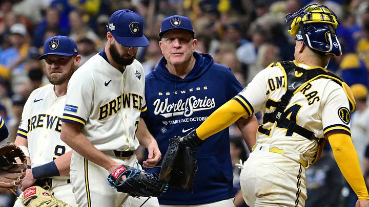 Oct 24, 2026; Milwaukee, Wisconsin, USA; Milwaukee Brewers catcher William Contreras (24) and manager Pat Murphy (00) acknowledge pitcher Aaron Ashby (26) during an eighth inning pitching change against the Tampa Bay Rays in game two of the 2026 World Series at American Family Field. Mandatory Credit: Benny Sieu-Imagn Images Oct 24, 2026; Milwaukee, Wisconsin, USA; Milwaukee Brewers catcher William Contreras (24) and manager Pat Murphy (00) acknowledge pitcher Aaron Ashby (26) during an eighth inning pitching change against the Tampa Bay Rays in game two of the 2026 World Series at American Family Field. Mandatory Credit: Benny Sieu-Imagn Images