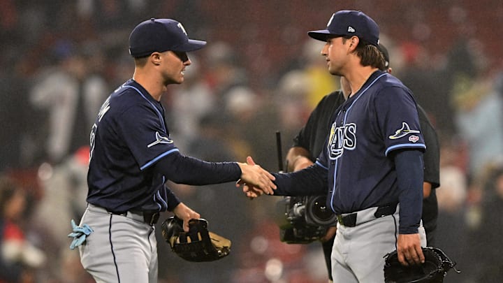 Jun 9, 2025; Boston, Massachusetts, USA; Tampa Bay Rays starting pitcher Ian Seymour (61) celebrates with outfielder Jake Mangum (28) after a game against the Boston Red Sox at Fenway Park. Mandatory Credit: Brian Fluharty-Imagn Images Jun 9, 2025; Boston, Massachusetts, USA; Tampa Bay Rays starting pitcher Ian Seymour (61) celebrates with outfielder Jake Mangum (28) after a game against the Boston Red Sox at Fenway Park. Mandatory Credit: Brian Fluharty-Imagn Images